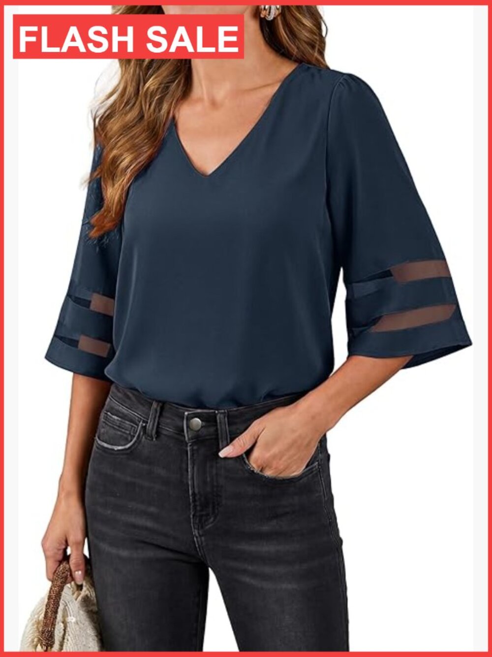 V Neck Mesh Panel Blouse 3/4 Bell Sleeve Loose Fit Top